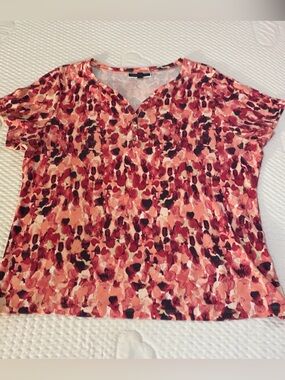 Karen Scott Women’s 2X Pink Coral Abstract Floral Split Neck Top Plus Size